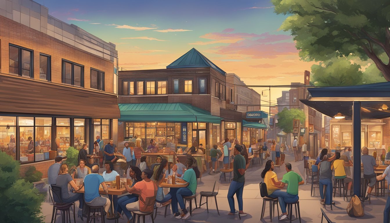 A bustling craft beer scene with diverse breweries, lively taprooms, and outdoor beer gardens set against the backdrop of Irving, TX's urban landscape