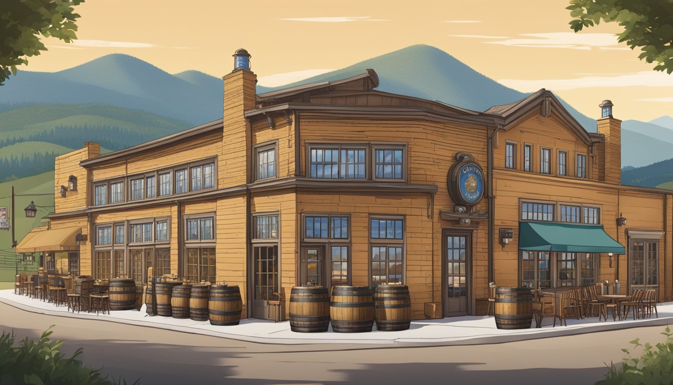 A bustling brewery with a historic facade, surrounded by rolling hills and a clear blue sky. Outdoor seating and beer barrels line the entrance