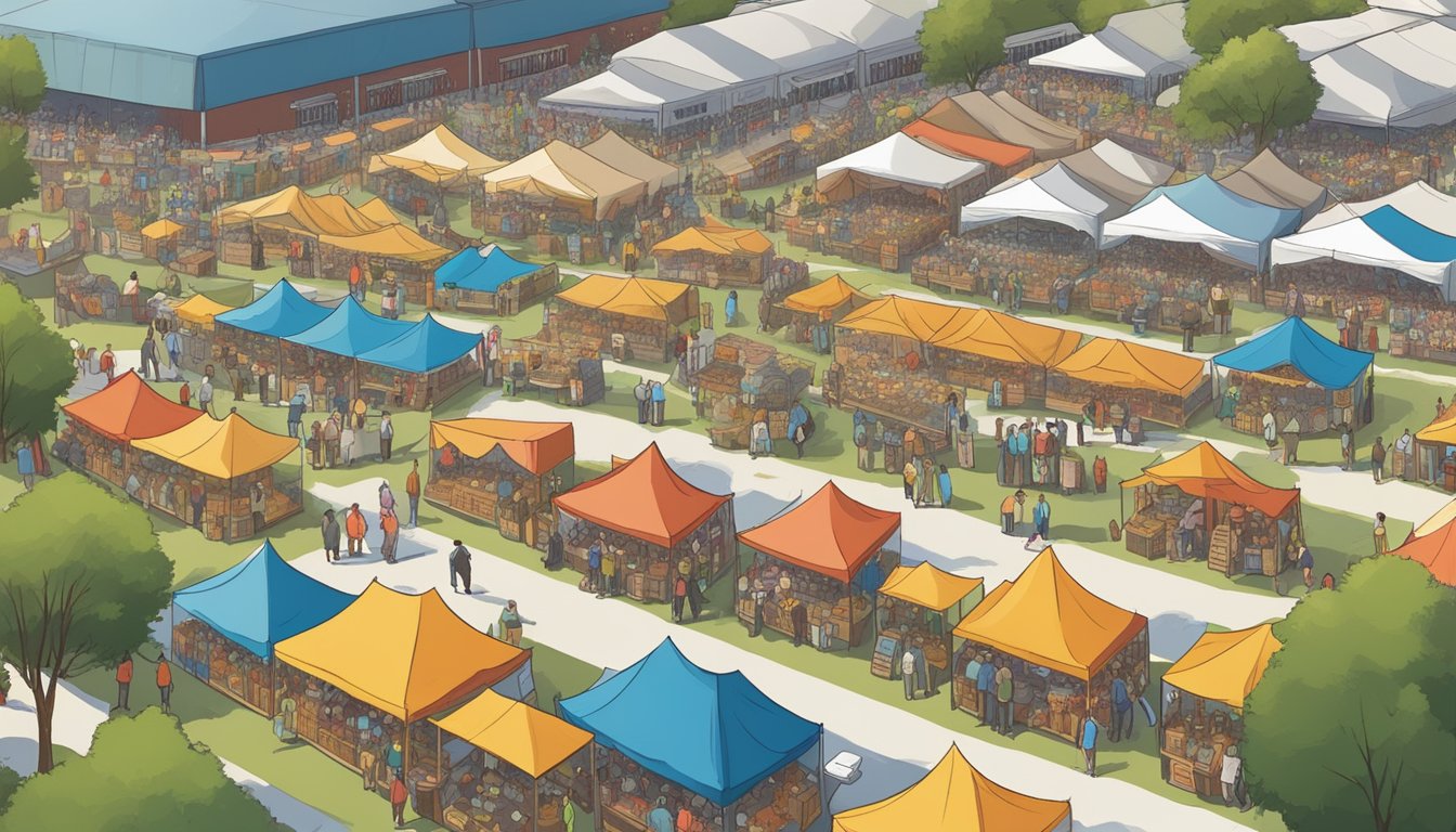 A bustling craft beer festival in Irving, TX, with rows of colorful brewery tents and people sampling various brews