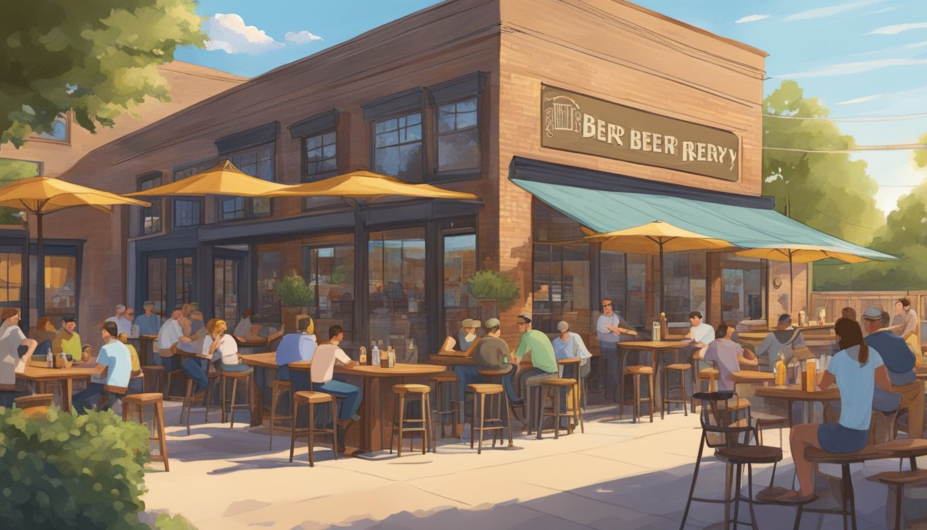 A bustling craft brewery in Round Rock, TX, with patrons enjoying local beer on a sunny patio