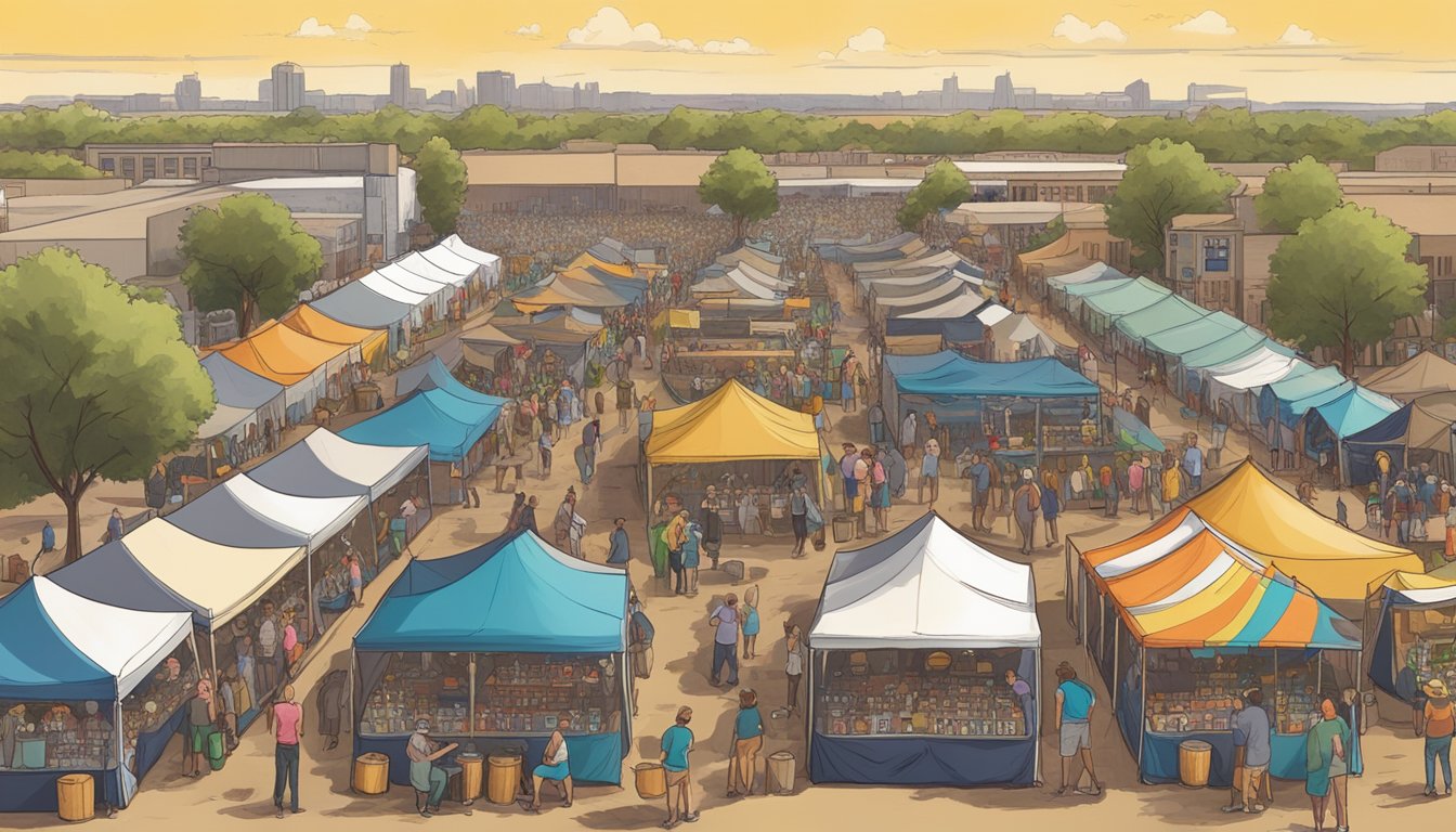 A bustling craft beer festival in Lubbock, Texas, with rows of colorful tents, people sampling beers, and a live band playing in the background