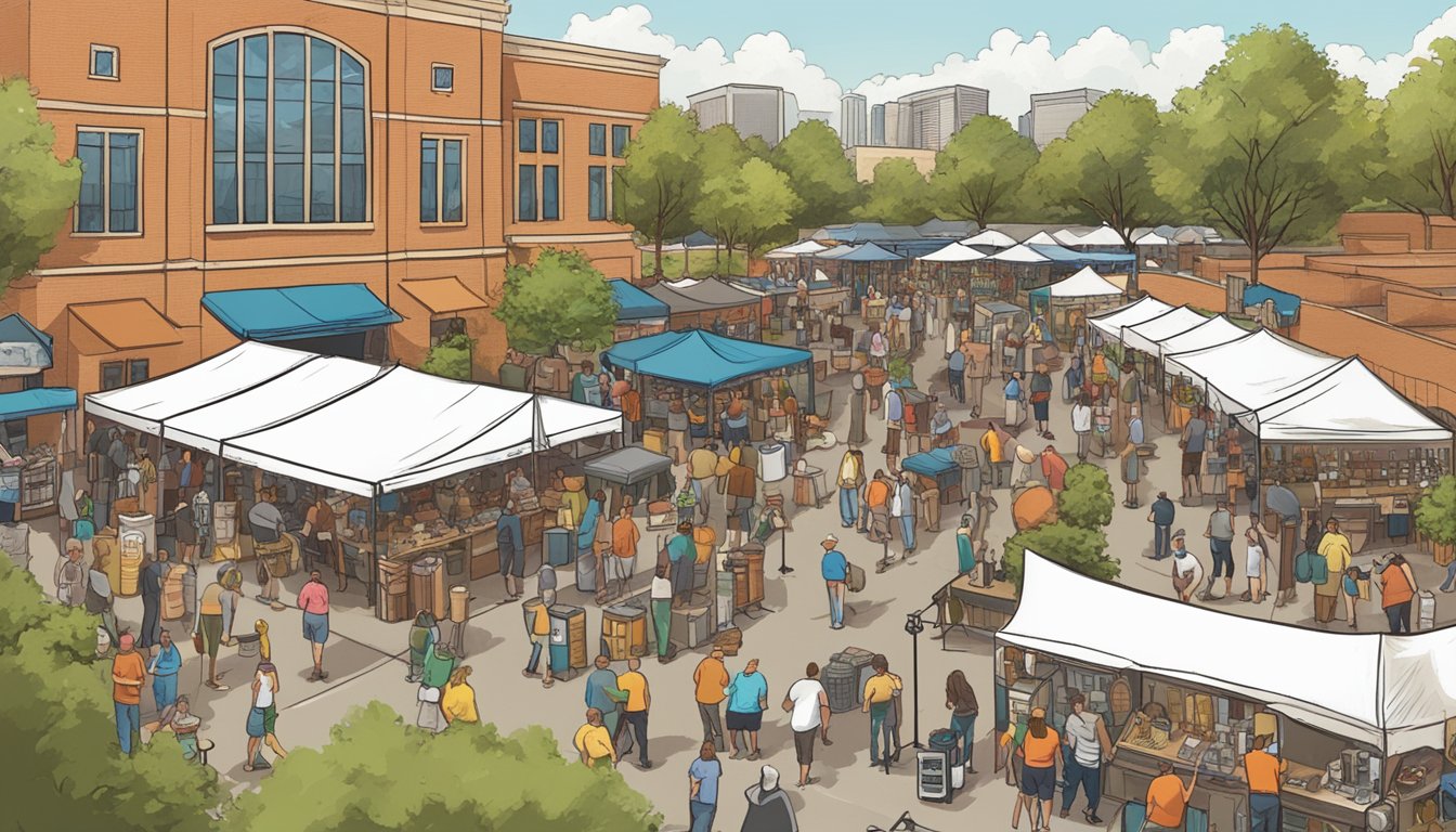 A bustling local craft beer festival with vendors, live music, and enthusiastic patrons sampling a variety of unique brews in Irving, TX