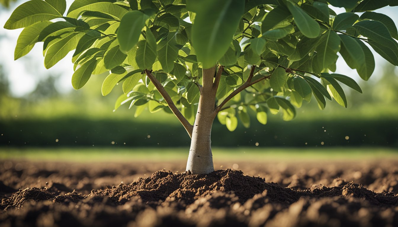 A young pecan tree thrives in rich soil, supported by a stake and tree guard. Mulch and drip irrigation system ensure proper care