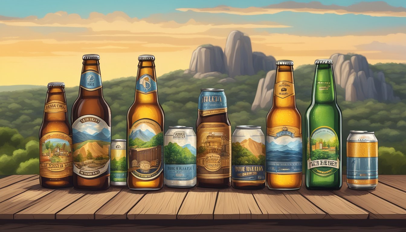 A collection of craft beer bottles and cans arranged on a rustic wooden table, with a backdrop of the Round Rock, TX landscape