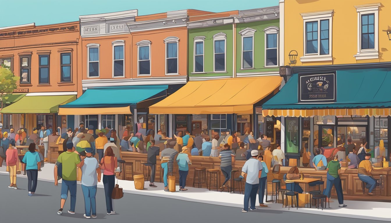 A bustling craft beer market with colorful storefronts and outdoor seating, surrounded by lively crowds and vibrant signage