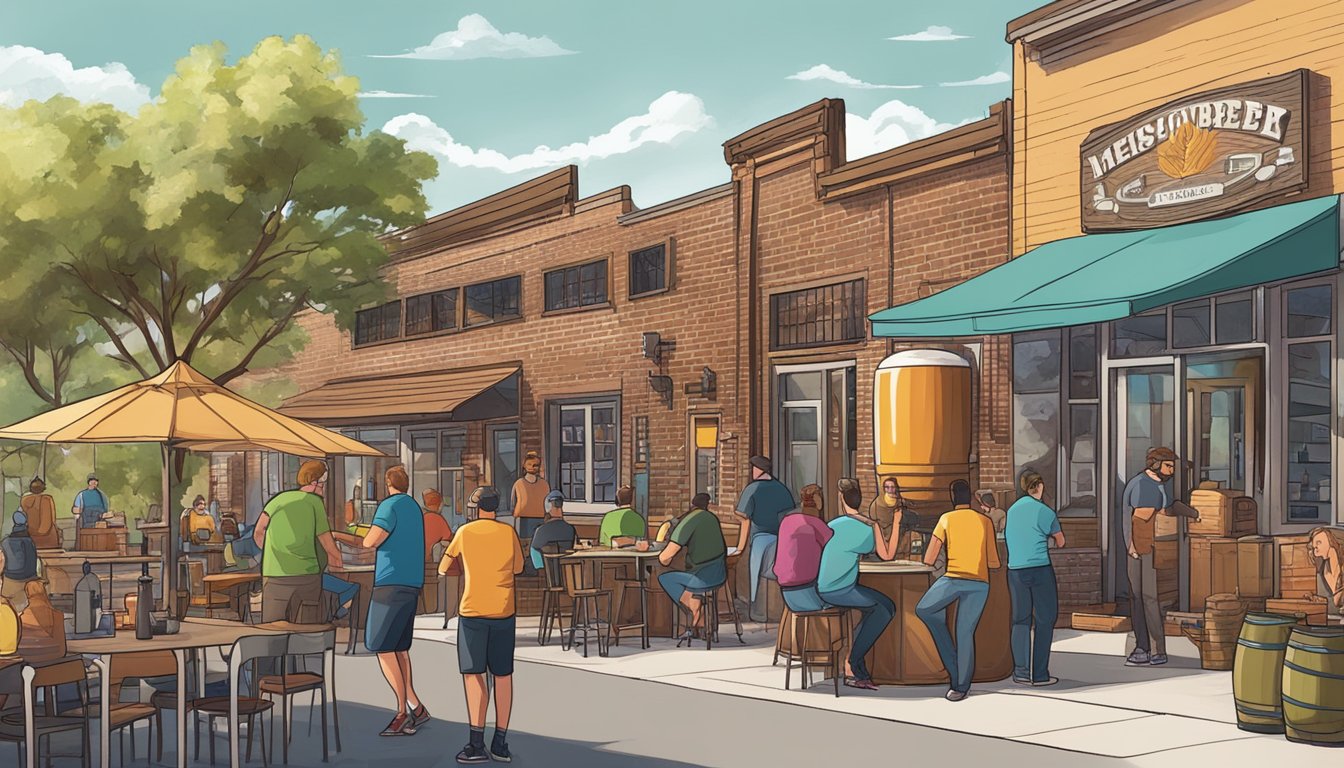 A bustling craft brewery with patrons enjoying locally brewed beers in a vibrant Mesquite, TX neighborhood