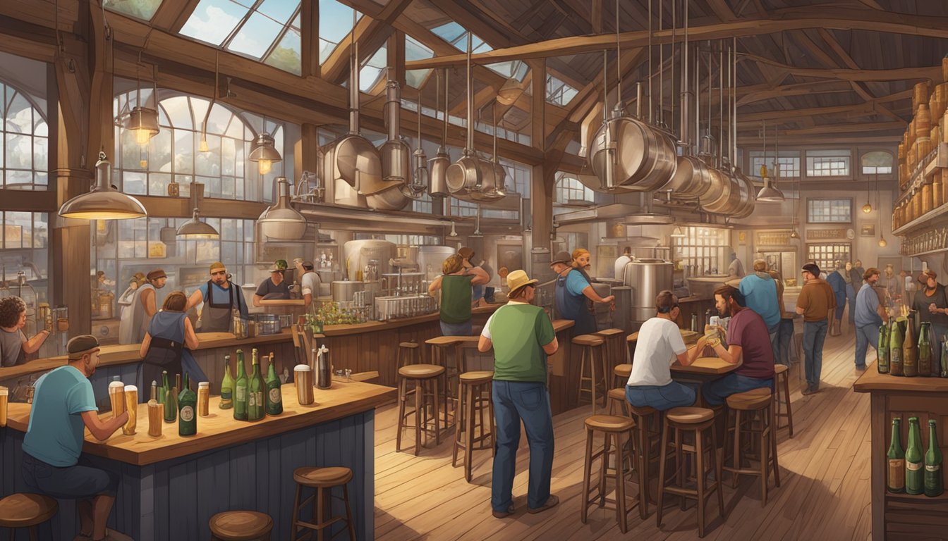 A bustling brewery scene with patrons sampling various craft beers, surrounded by rustic decor and brewing equipment