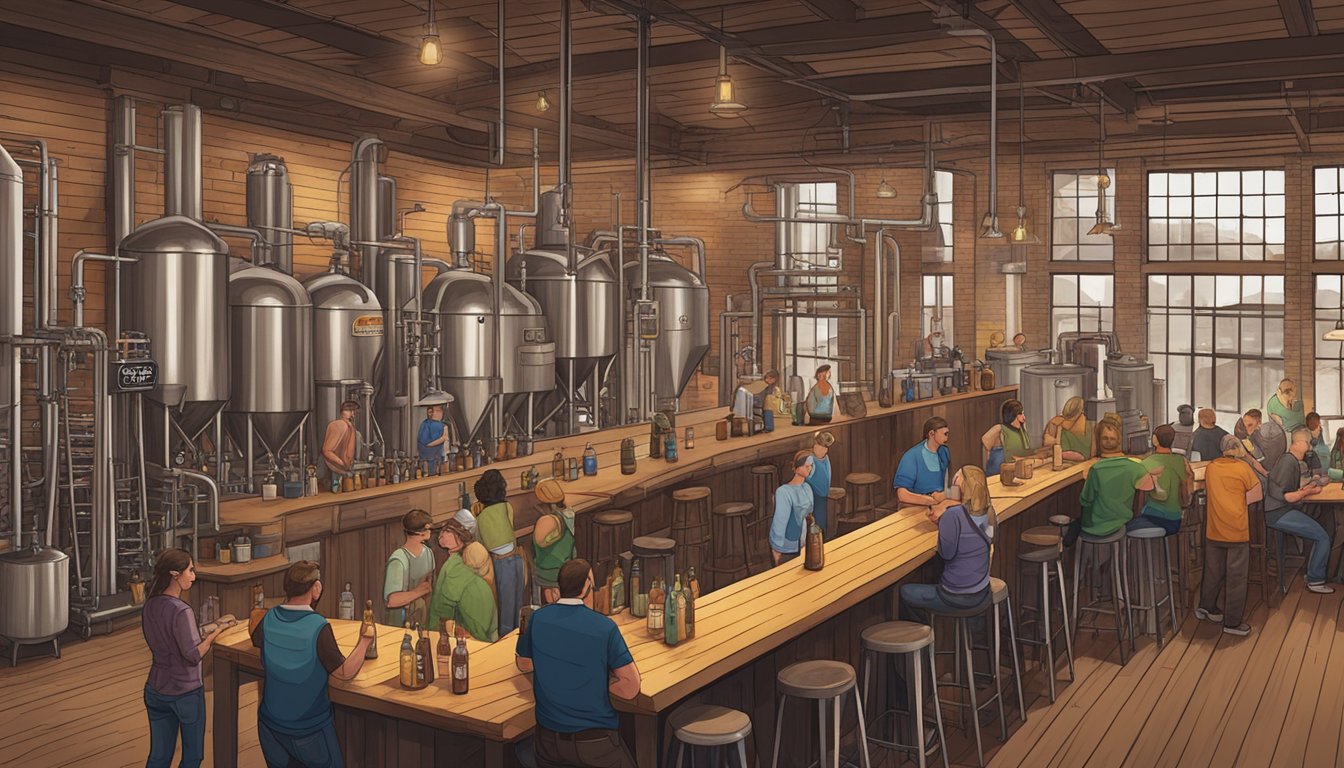 A bustling brewery with patrons sampling local craft beers in Mesquite, TX. Rustic decor and industrial brewing equipment create a cozy and lively atmosphere