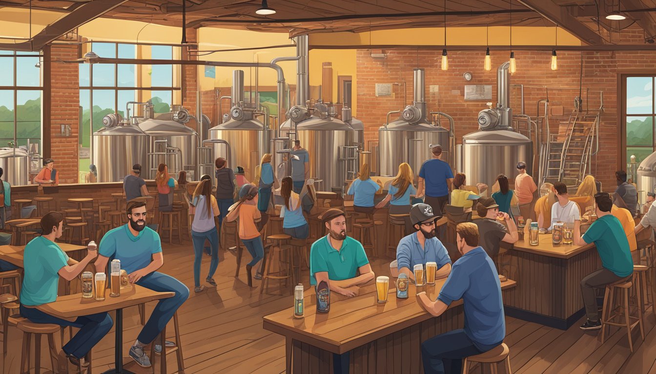 A bustling craft brewery scene in Tyler, TX, with patrons enjoying locally brewed beers in a vibrant and inviting atmosphere