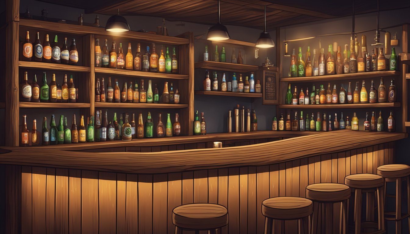 A rustic wooden bar with shelves lined with various craft beer bottles and taps, surrounded by cozy seating and dim lighting