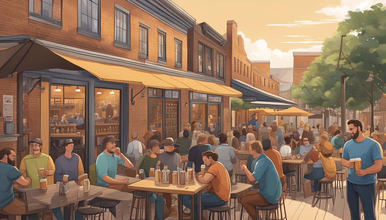 A bustling craft brewery scene with diverse buildings, outdoor seating, and people enjoying locally brewed beers