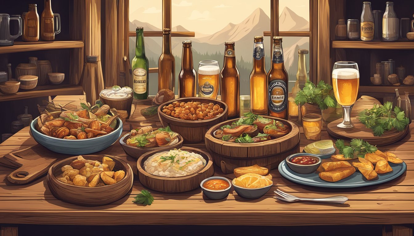 A rustic wooden table with a spread of various gourmet dishes and a selection of craft beer bottles and glasses arranged in an inviting manner