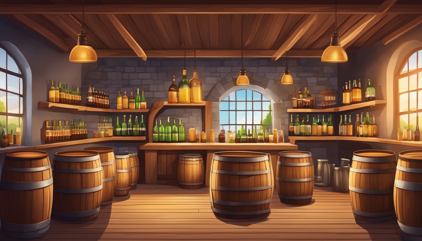 A rustic brewery with wooden barrels and copper brewing equipment, surrounded by shelves of colorful beer bottles and a cozy tasting area