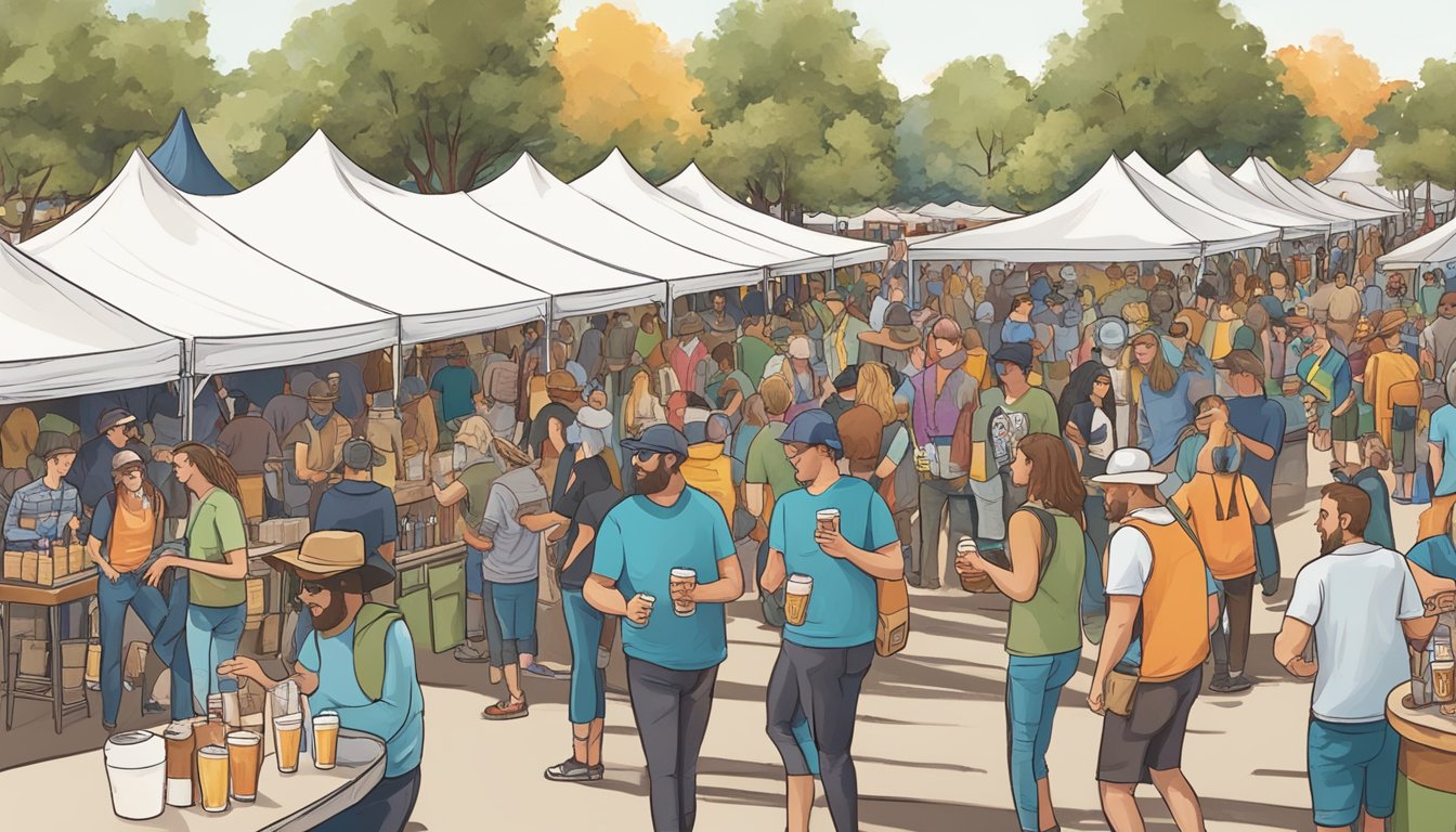 A bustling craft beer festival in Mesquite, TX with vendors, live music, and enthusiastic community members enjoying the local brews