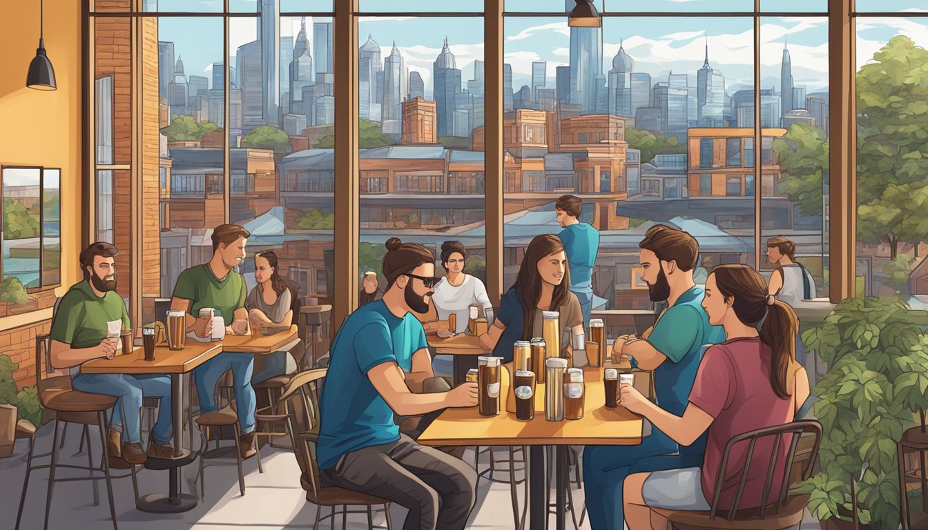 A bustling craft beer brewery with outdoor seating and a view of the city skyline. Patrons enjoy tasting flights and socializing in the vibrant atmosphere