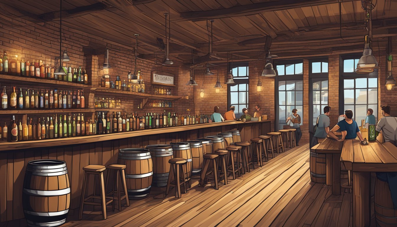 A rustic brewery with wooden barrels, exposed brick walls, and a bar lined with taps. Tables are filled with people sipping on various craft beers