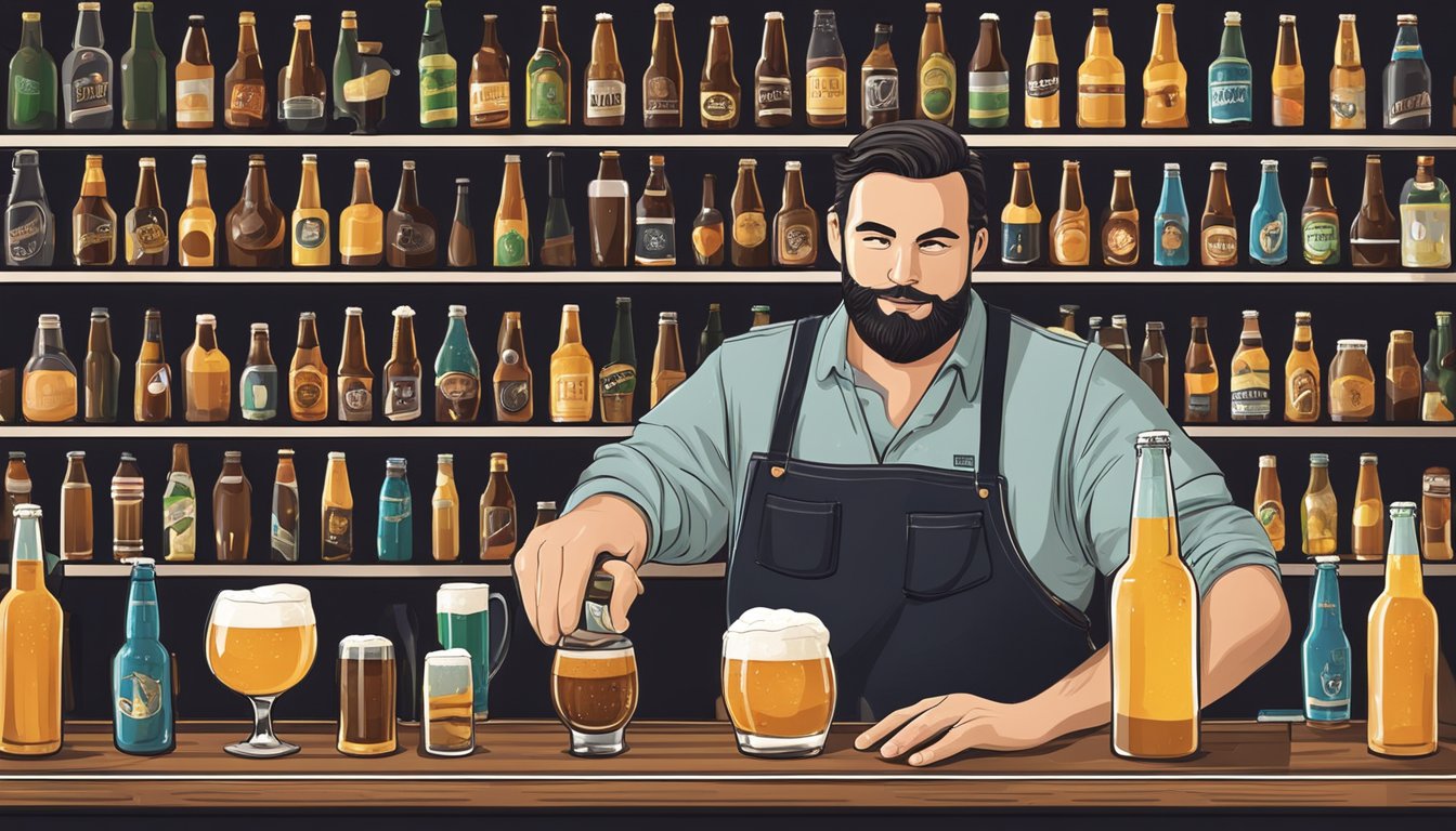 A bartender pouring a local craft beer into a frosty glass, with shelves of various beer bottles and taps in the background