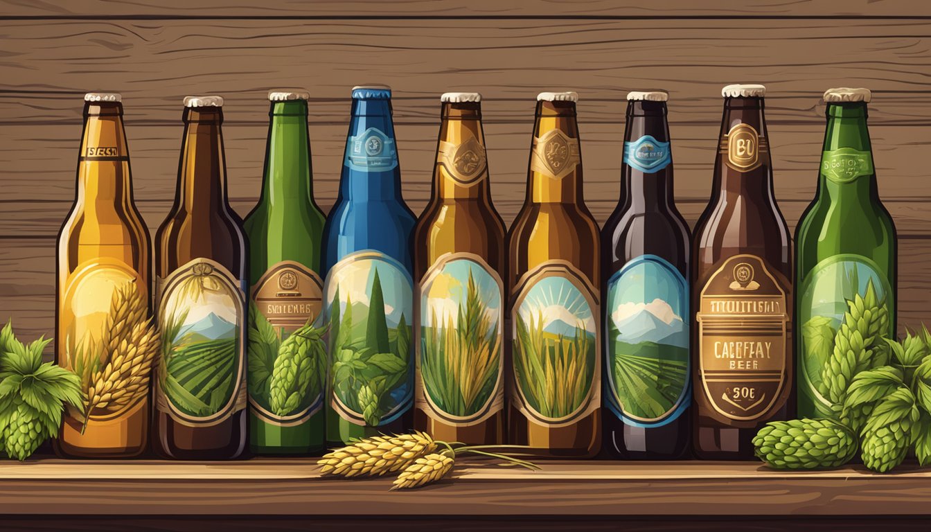 A lineup of colorful local craft beer bottles and glasses on a rustic wooden table, surrounded by hops and barley