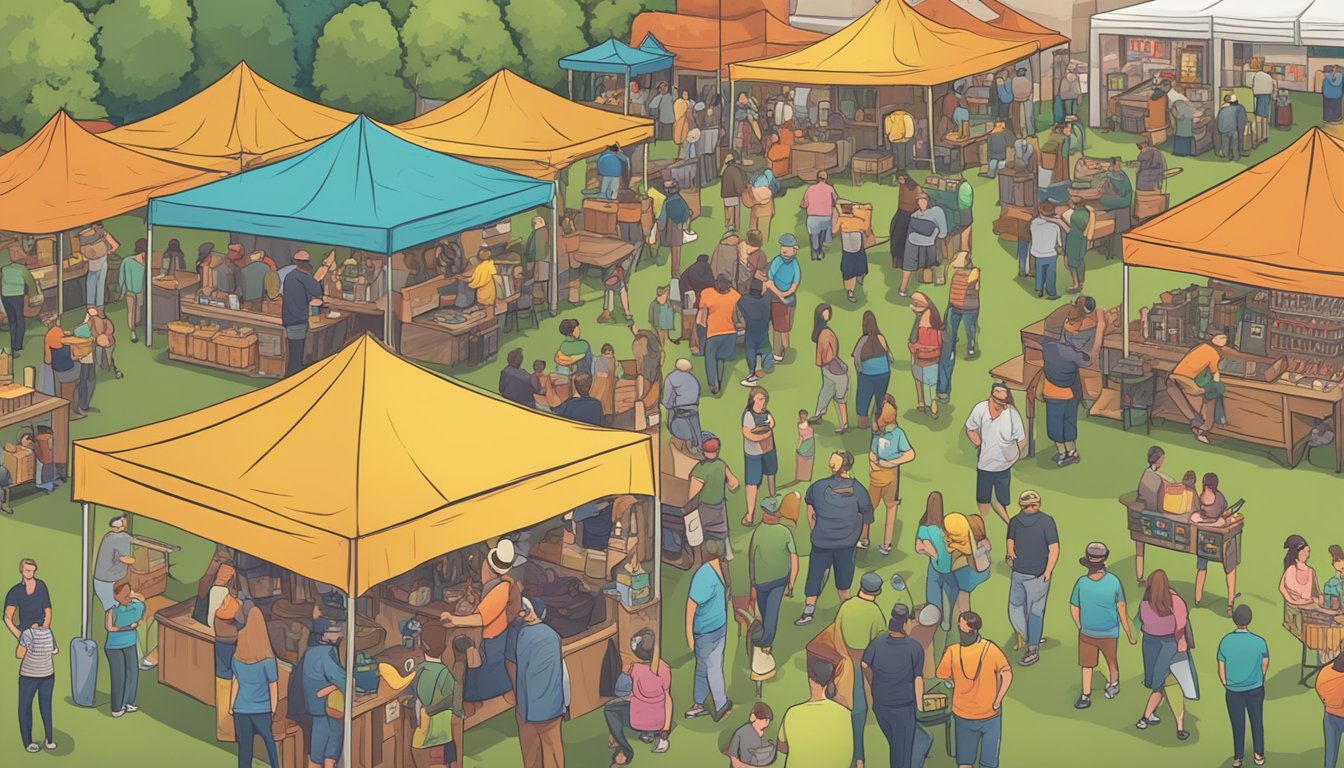 A bustling outdoor craft beer festival in Tyler, TX with vendors, live music, and happy attendees enjoying the local brews