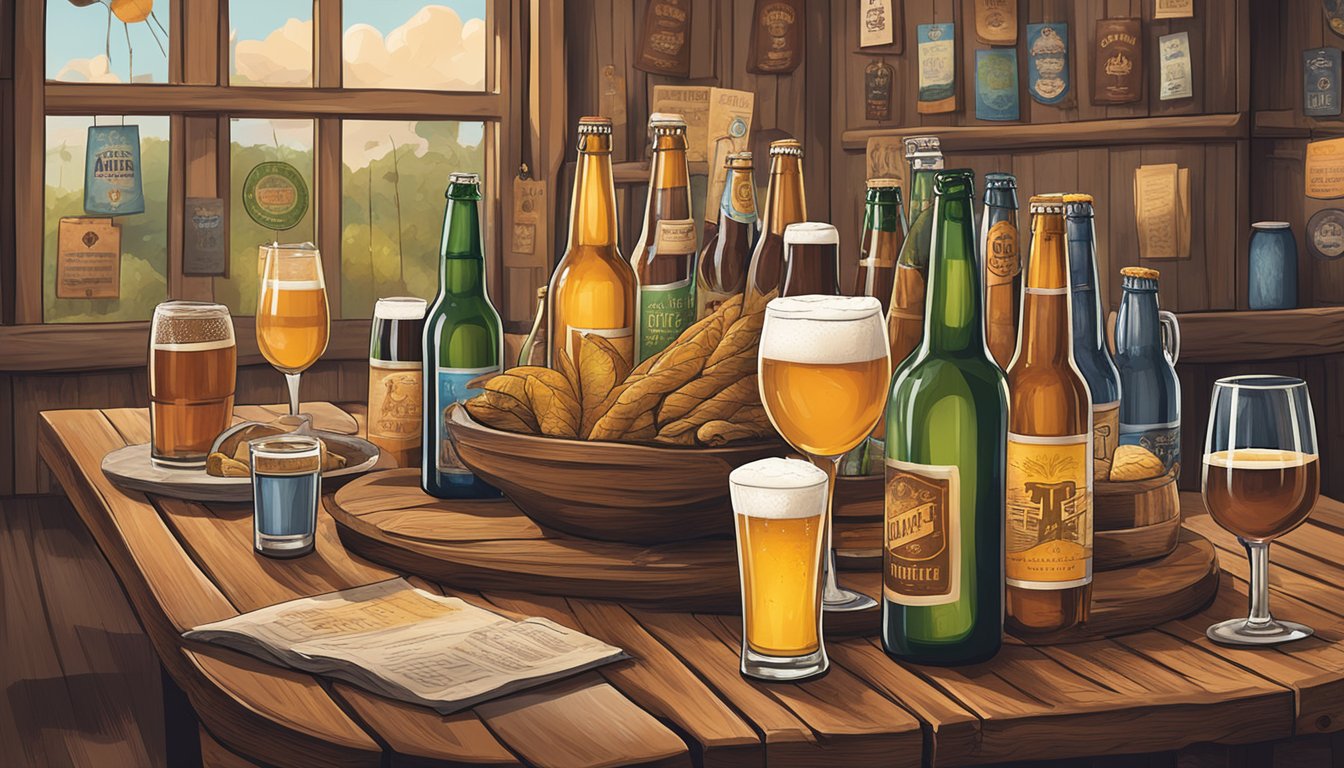 A rustic wooden table adorned with various craft beer bottles and glasses, surrounded by a menu featuring beer pairings in a cozy League City, TX brewery