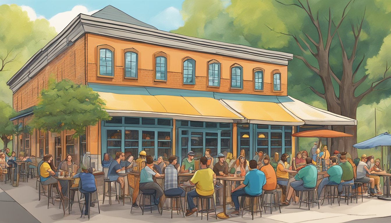 A bustling local brewery scene in Tyler, TX, with colorful tap handles, beer flights, and a cozy outdoor patio