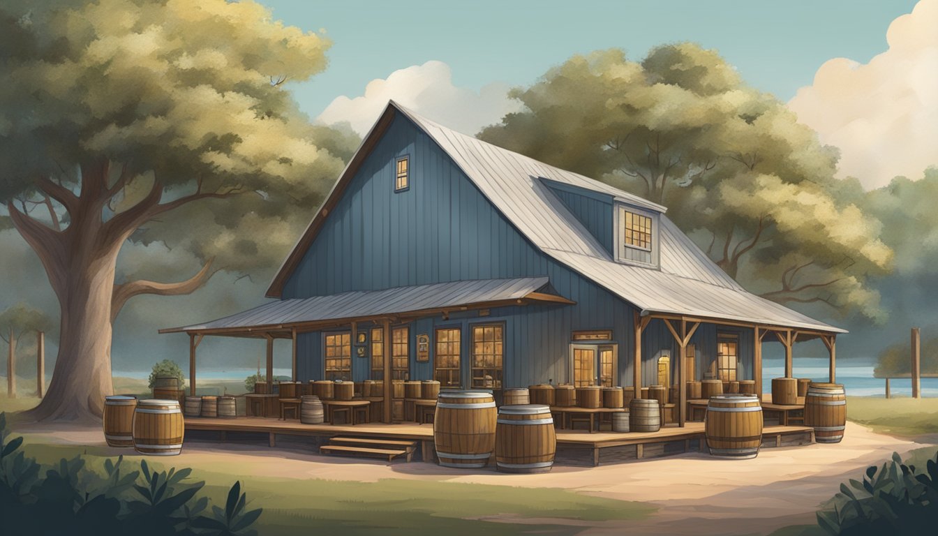 A rustic brewery with a taproom and outdoor seating nestled among oak trees, with a backdrop of the Texas Gulf Coast