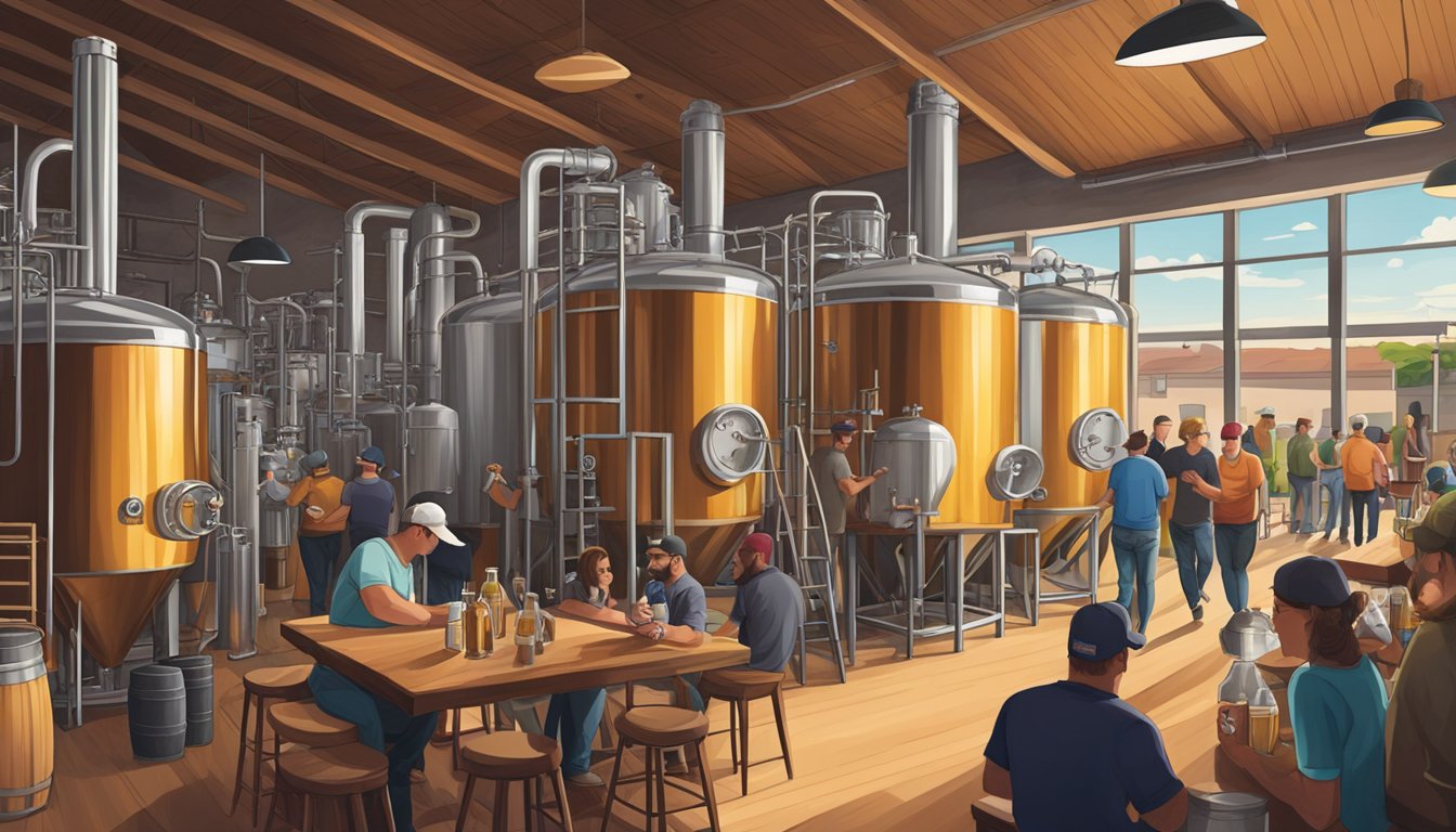 A bustling craft brewery scene in Odessa, Texas, with beer tastings, brewing equipment, and locals enjoying the unique flavors