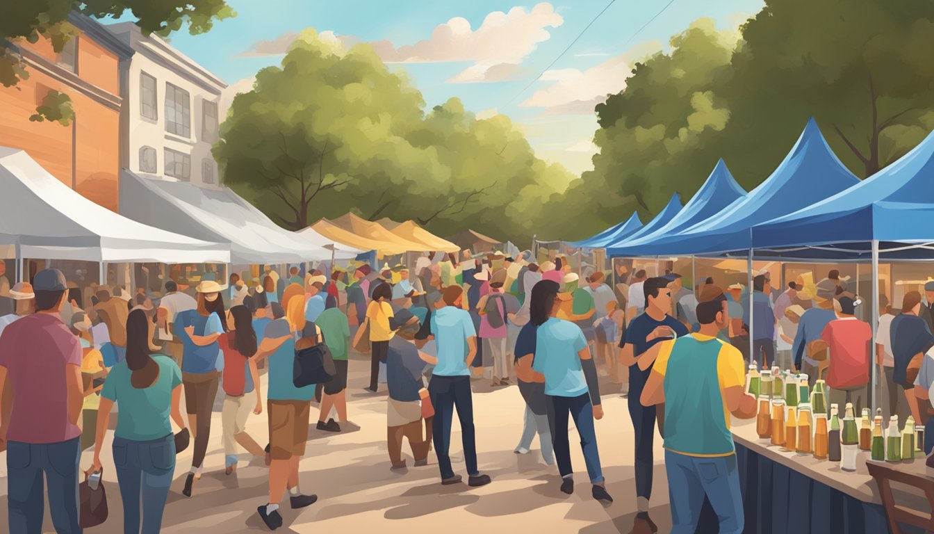 A bustling craft beer festival in League City, TX, with locals engaging in tastings, brewery tours, and lively conversations