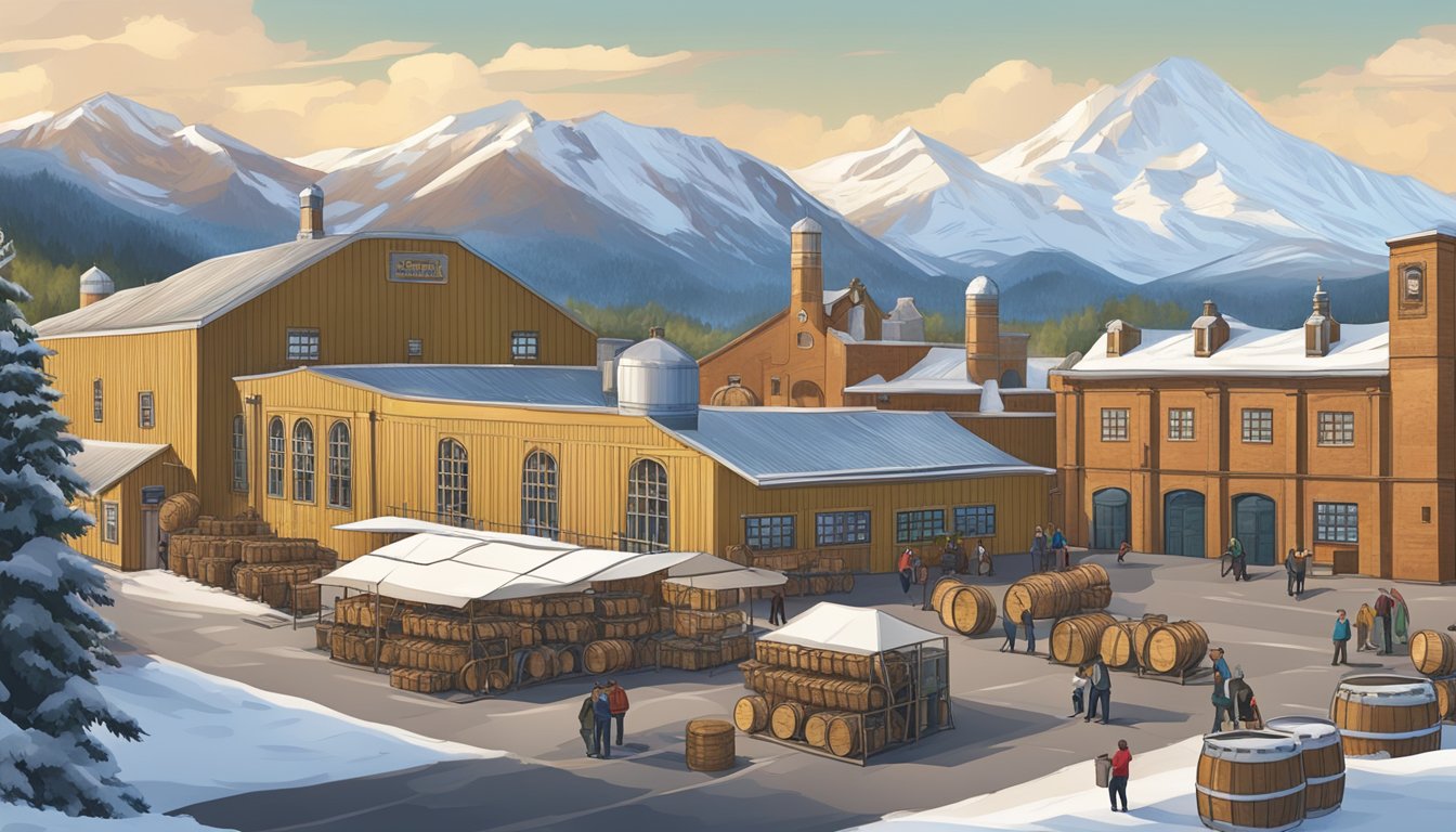 A bustling craft brewery scene with historic buildings and snow-capped mountains in the background