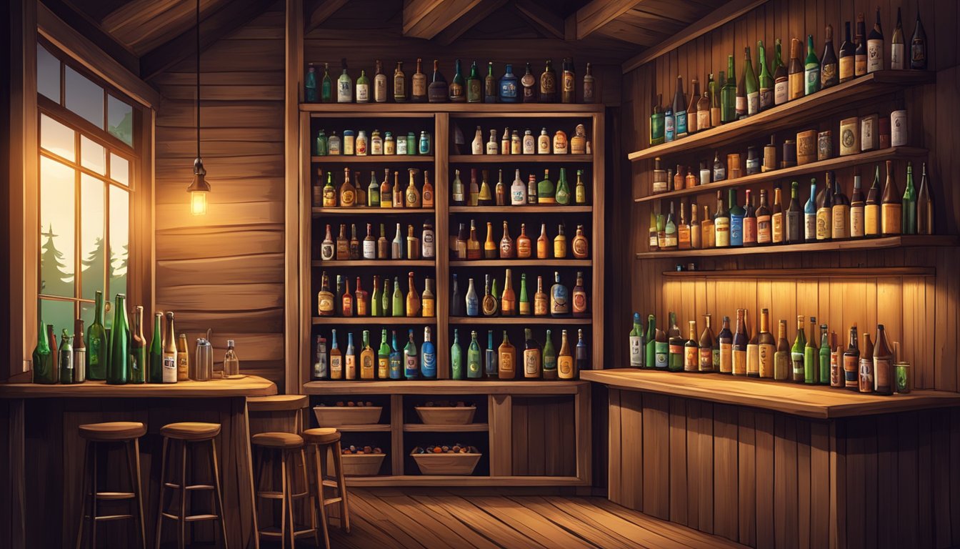 A cozy corner with shelves of local craft beer and wine bottles, surrounded by rustic wooden decor and dim lighting