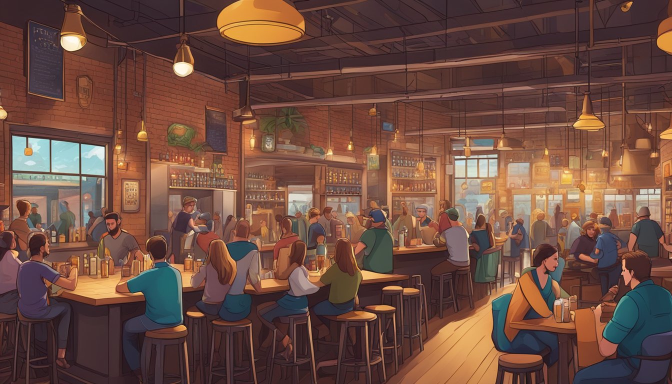 A bustling brewery with patrons enjoying craft beer, live music, and socializing in a vibrant atmosphere