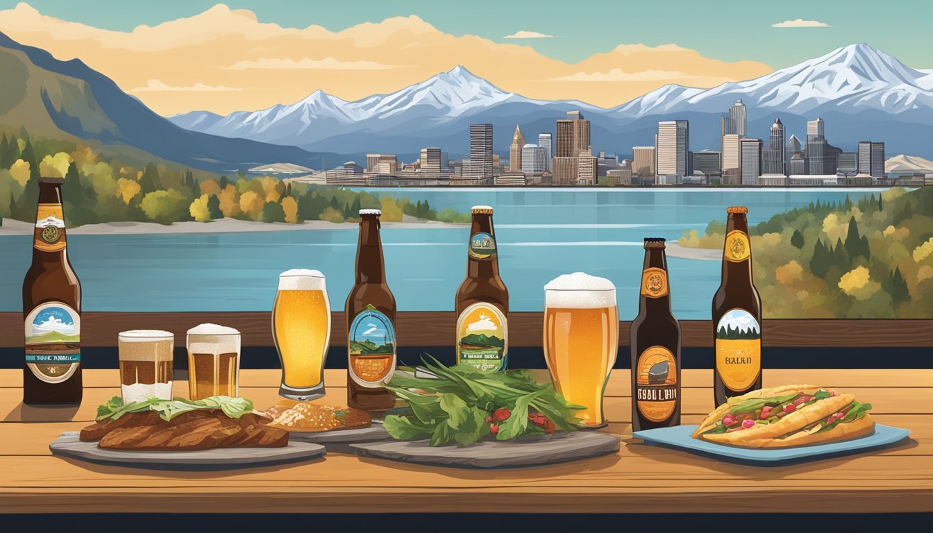 A rustic wooden table adorned with various local craft beers and carefully paired food items, set against the backdrop of Salt Lake City's picturesque skyline