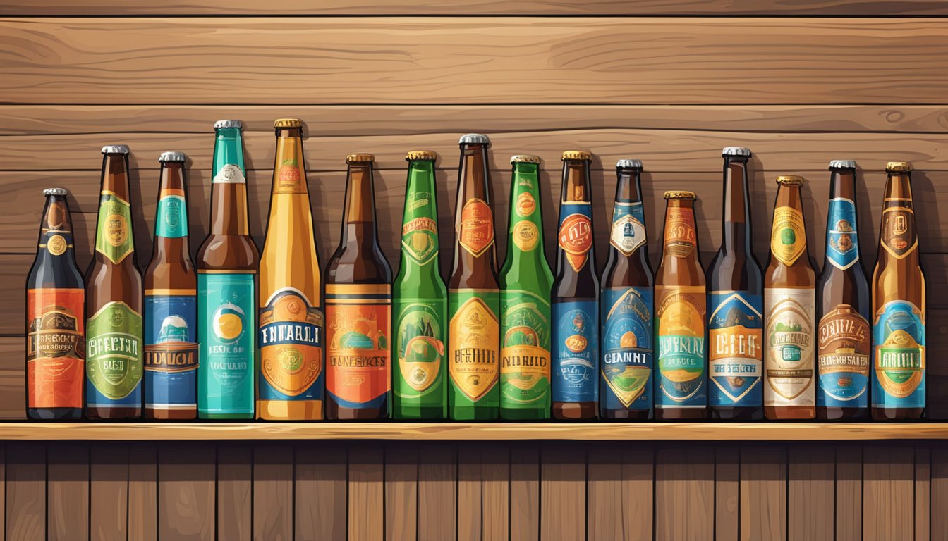 A row of colorful craft beer bottles and cans, each representing a different type and style, displayed on a wooden shelf in a local Odessa, TX brewery