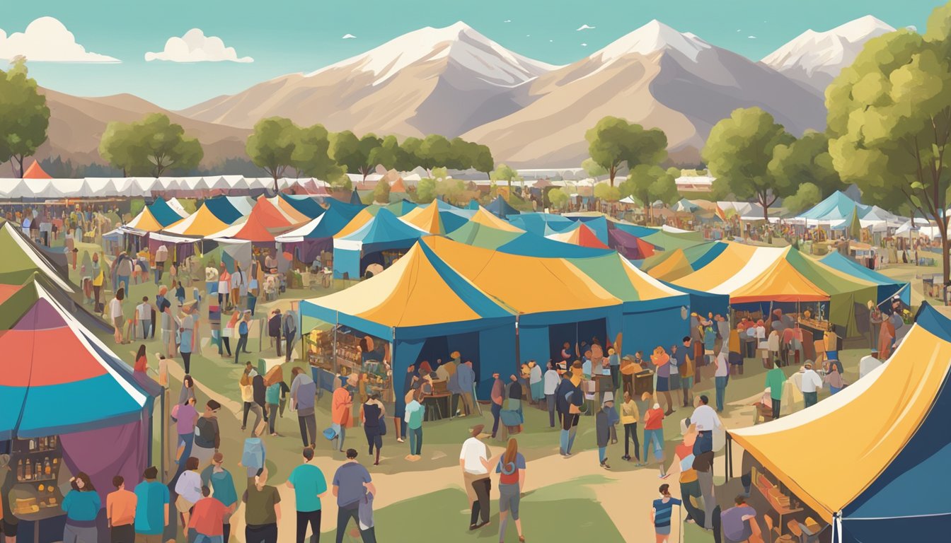 A bustling craft beer festival in Salt Lake City, with rows of colorful tents and a diverse crowd enjoying local brews