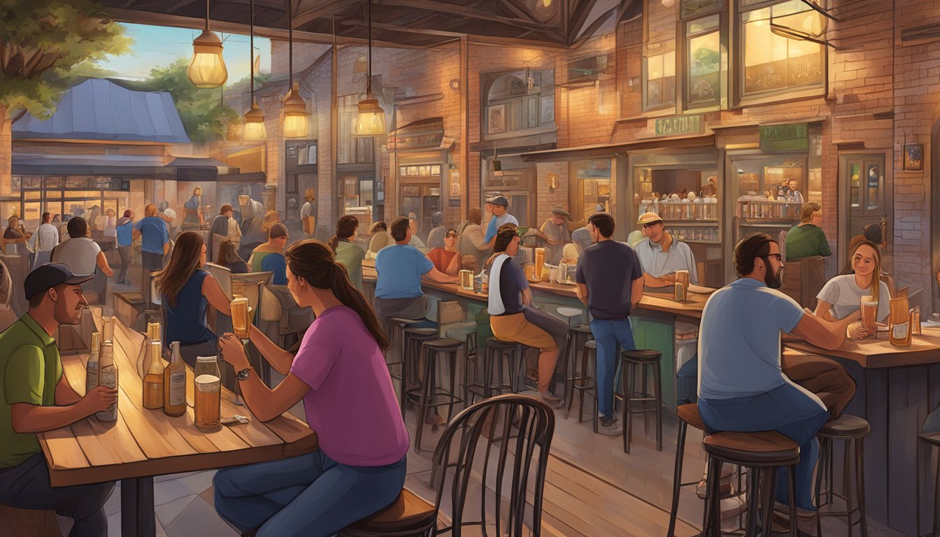 A bustling brewery scene with patrons enjoying craft beer, outdoor seating, and a vibrant atmosphere in McAllen, TX