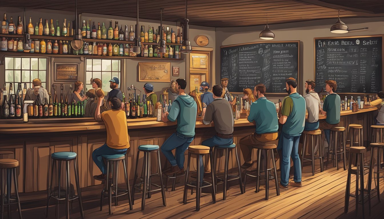 A bustling craft beer bar with a variety of taps and bottles, patrons chatting and enjoying drinks, and a chalkboard displaying the local beer selection