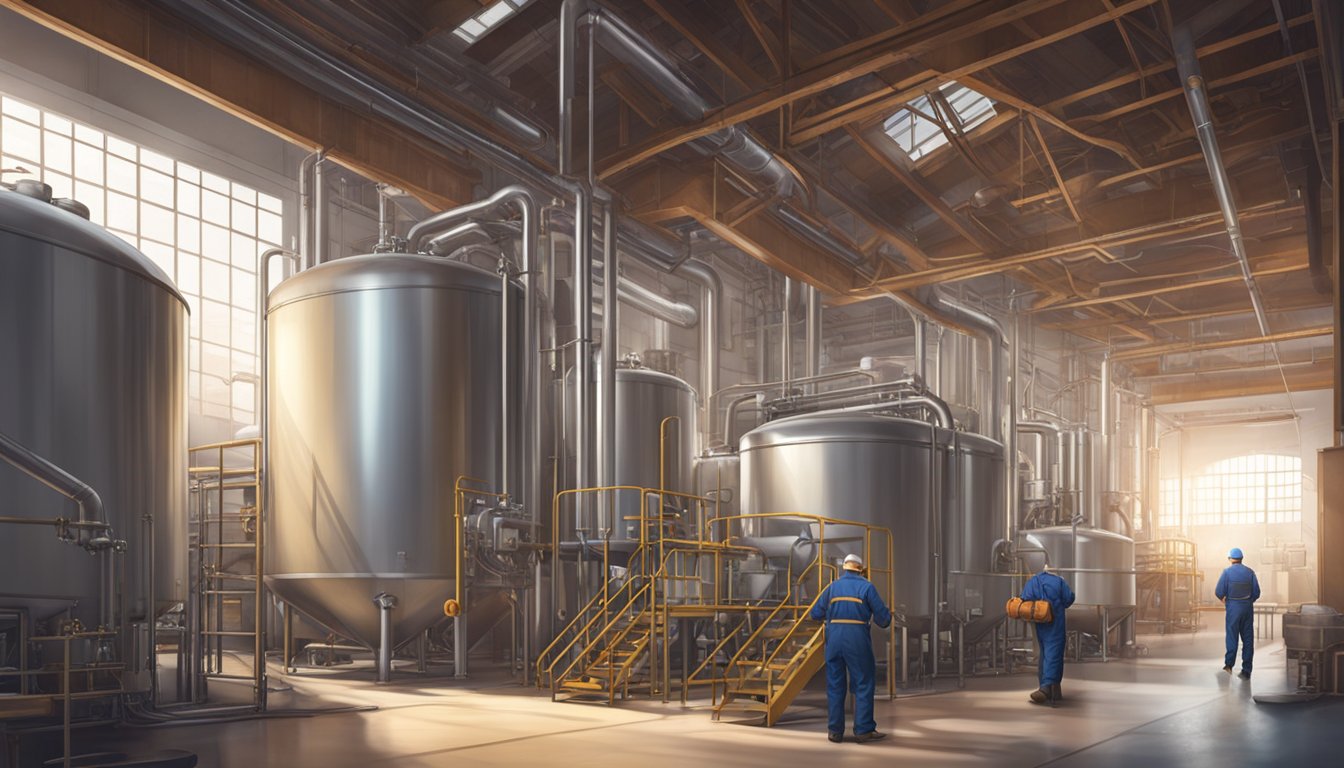 Steam rises from large brewing tanks in a spacious industrial room, surrounded by pipes and equipment. A worker monitors the process, while ingredients and tools are neatly organized nearby