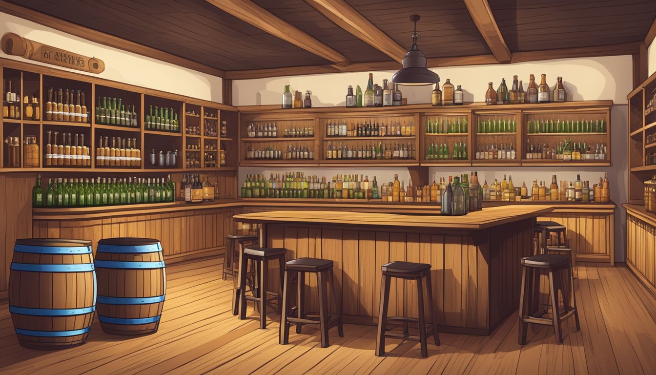 A spacious tasting room with wooden barrels and a bar, surrounded by shelves of craft beer bottles and brewing equipment