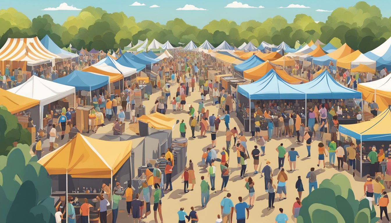 A bustling craft beer festival in Plano, with rows of colorful tents and a lively crowd sampling various brews under the Texas sun