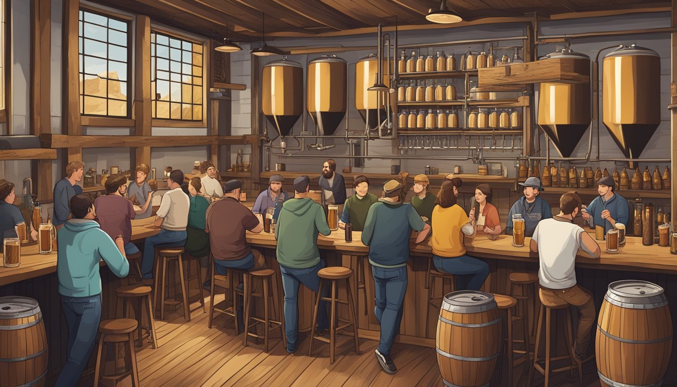 A bustling craft brewery with patrons enjoying beer flights and conversation, surrounded by rustic decor and brewing equipment