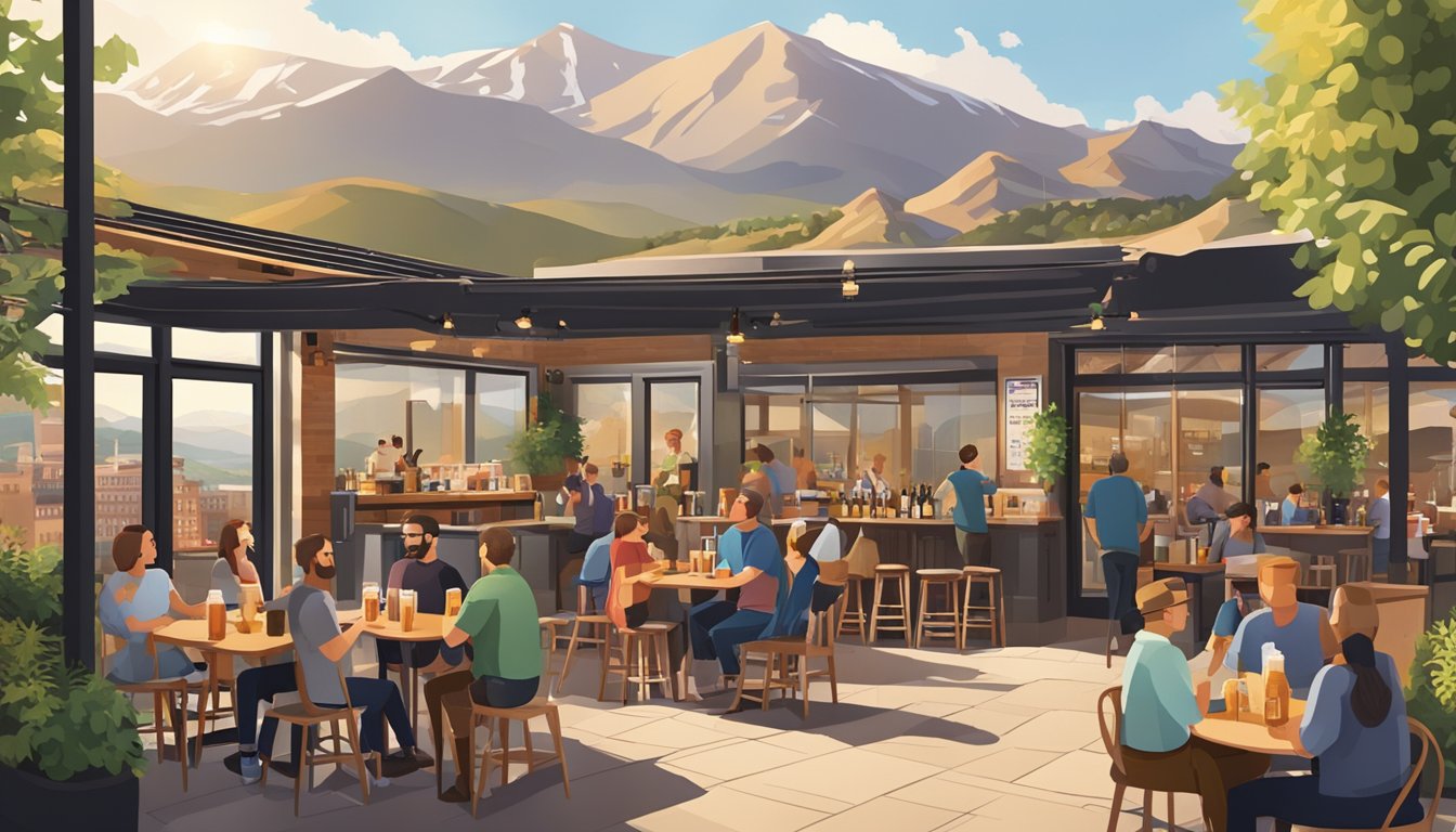 A bustling local brewery with patrons enjoying craft beers on a sunny patio, surrounded by mountains and cityscape