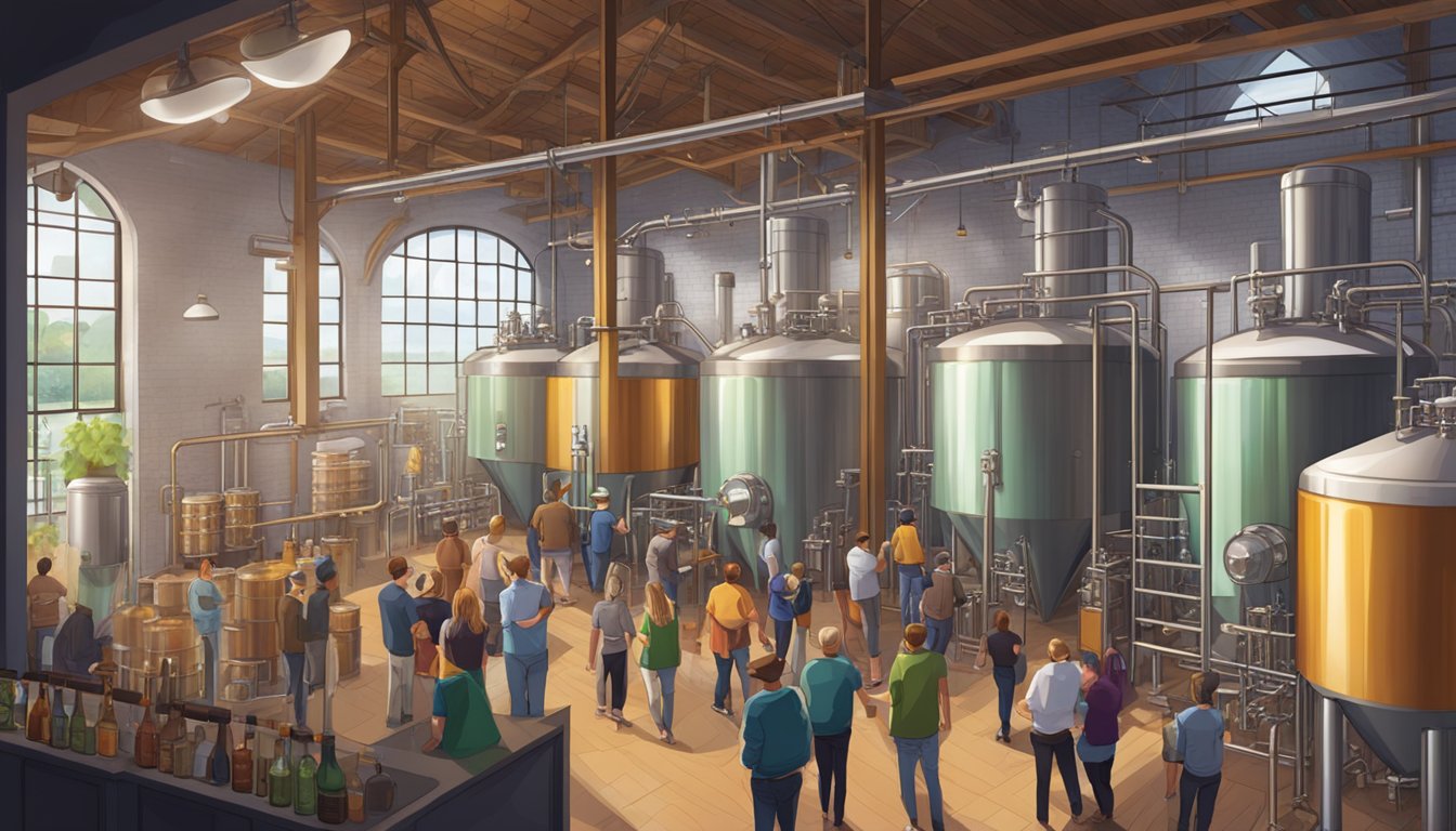 A bustling brewery with rows of shiny fermentation tanks and a long bar lined with taps. Visitors sample beers and chat with knowledgeable staff