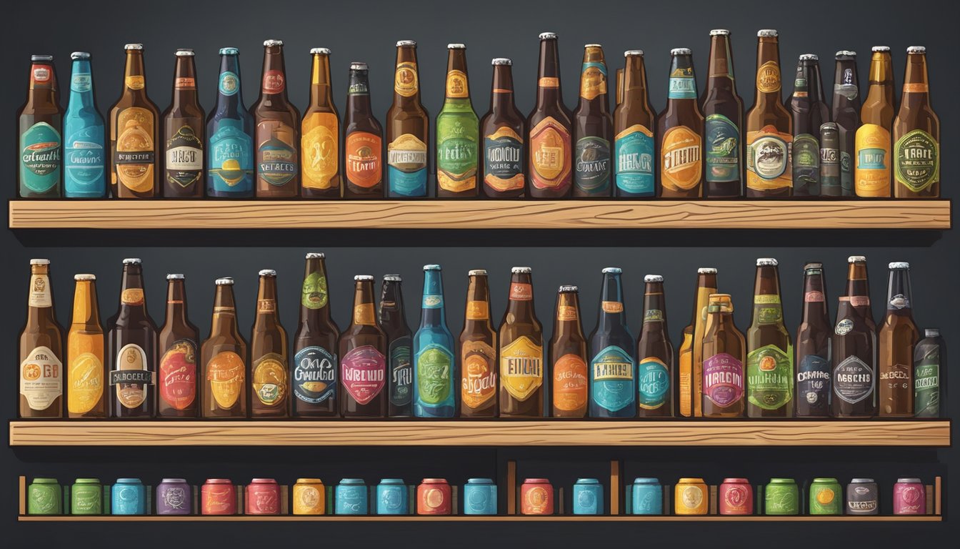 A row of colorful craft beer bottles and cans line a wooden shelf, each displaying unique labels and styles. A chalkboard sign lists the varieties available