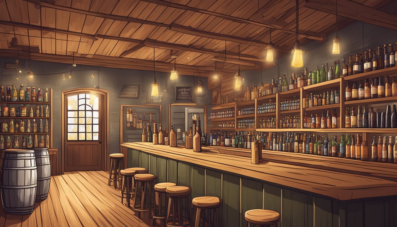 A cozy brewery taproom with shelves of seasonal and limited release craft beers, surrounded by rustic decor and warm lighting