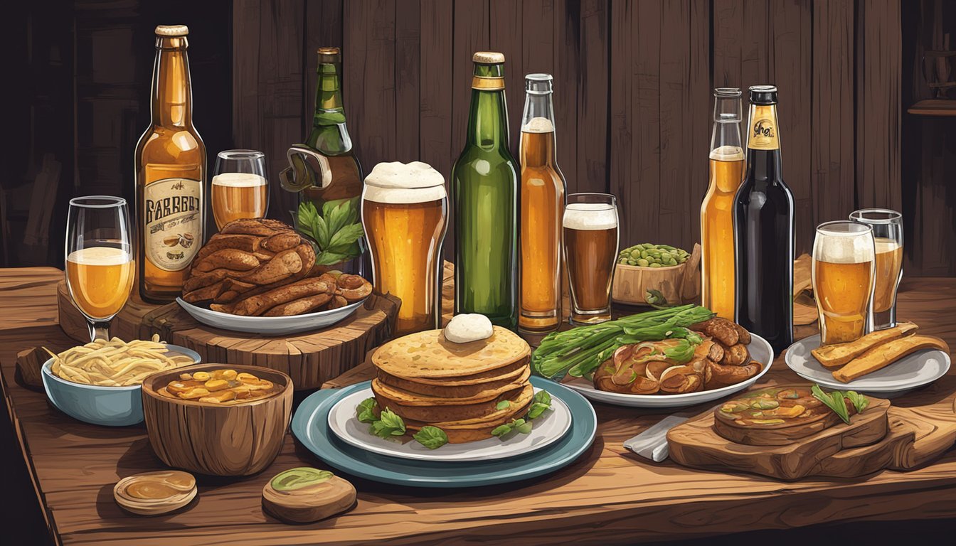 A rustic wooden table set with various craft beer bottles and glasses, alongside a spread of gourmet cuisine