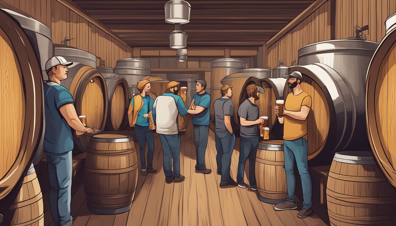 A group of people enjoying brewery tours and tasting rooms in West Valley City, Utah, surrounded by barrels, brewing equipment, and samples of local craft beer