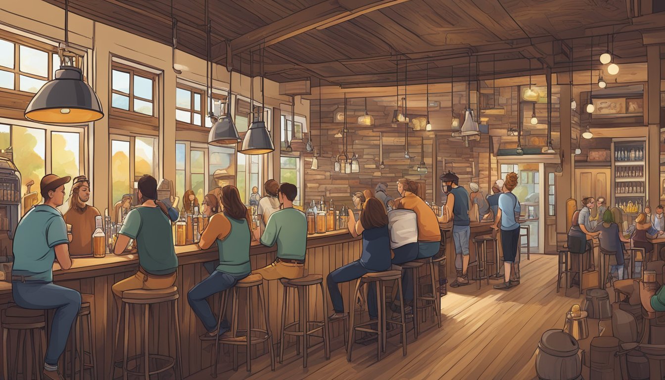 A bustling local brewery with a variety of beverages on tap, including cider, mead, and kombucha, with patrons enjoying the diverse selection