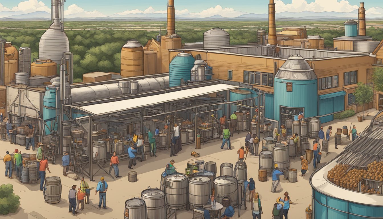 A bustling brewery with a towering skyline backdrop, surrounded by locals enjoying craft beer on a sunny day in Midland, TX