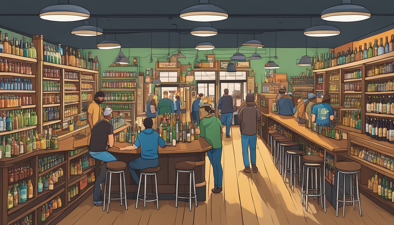 A bustling craft beer store with shelves lined with colorful bottles and a taproom filled with locals enjoying pints