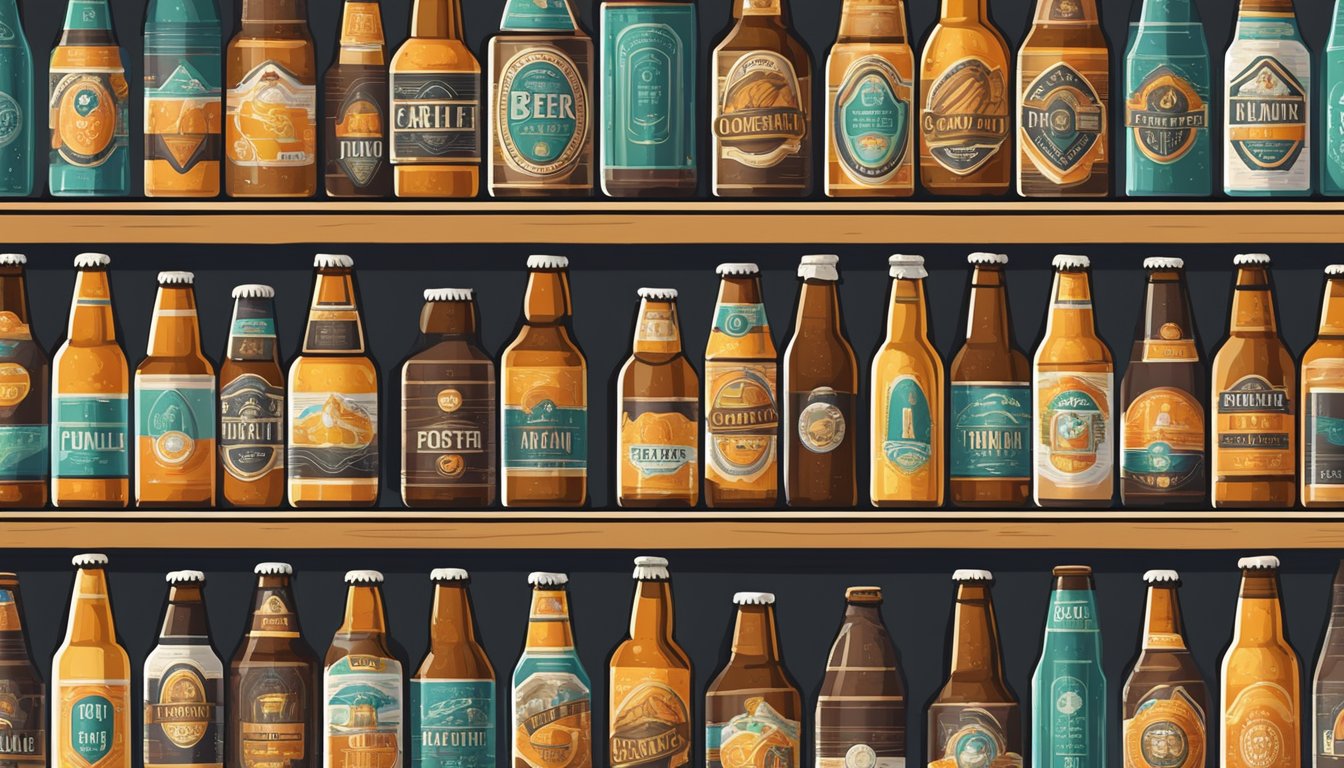 A colorful array of beer bottles and cans, each with a distinct label, line the shelves of a cozy craft brewery